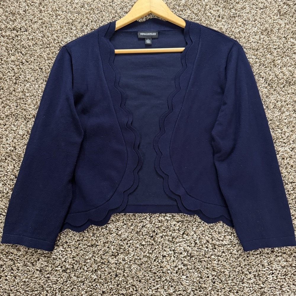 Modern Preppy Classic Feminine Navy Blue Scalloped Cardigan Large Nina Leonard‎